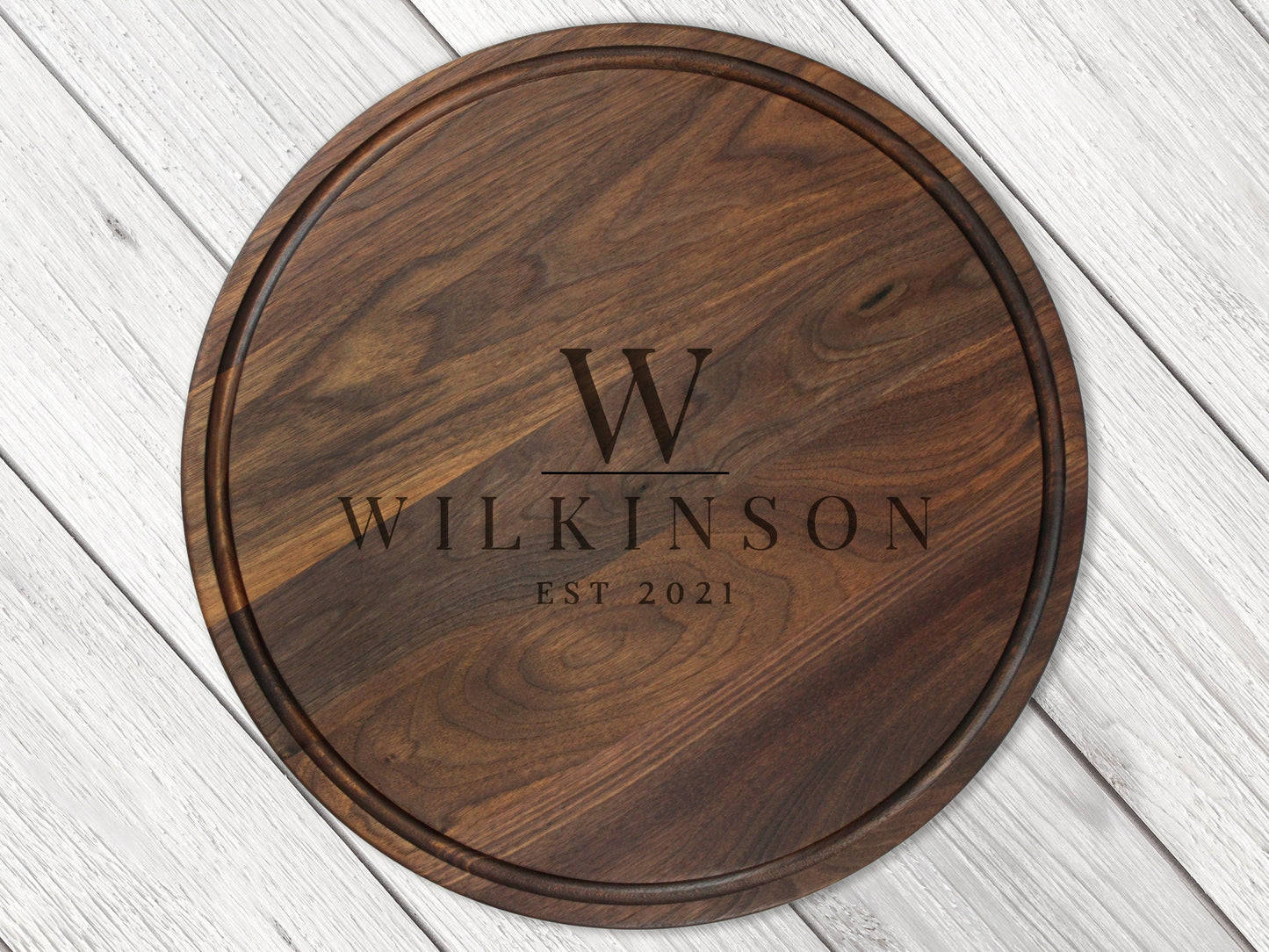 18" Walnut Personalized Round Board with Juice Groove, 18โ Round Personalized Charcuterie Board, Wedding Gift, Gift For the Couple, USA Made