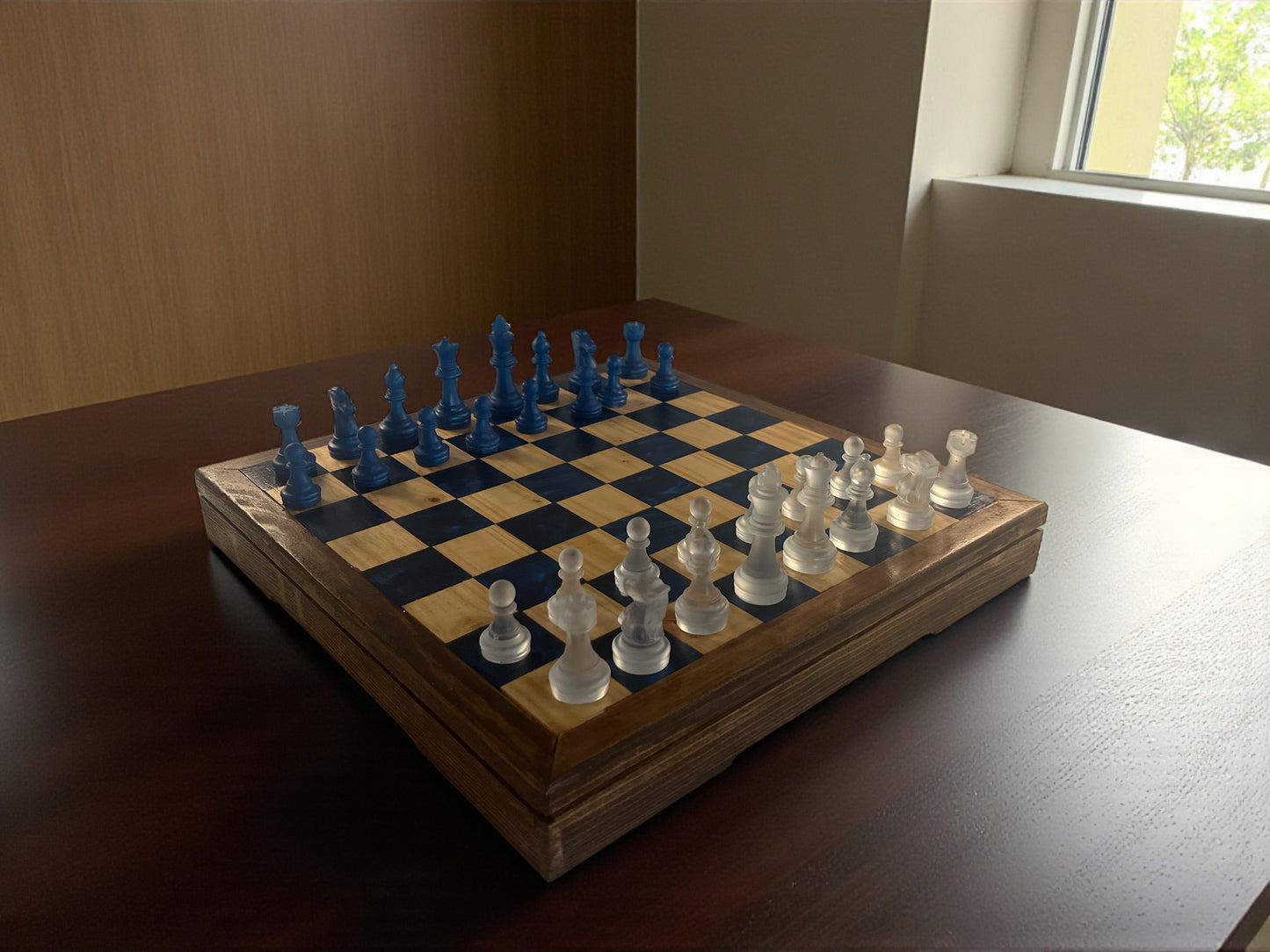 Rustic Wood & Resin Chess Set – Frosted & Navy Pieces on Handcrafted Epoxy Board