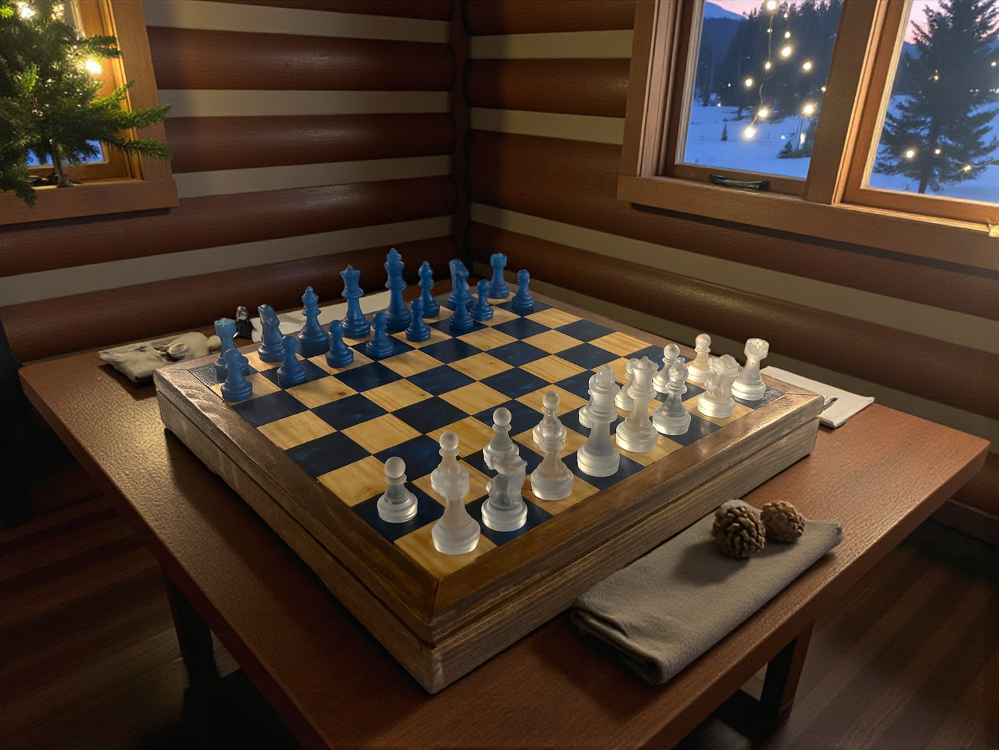 Rustic Wood & Resin Chess Set – Frosted & Navy Pieces on Handcrafted Epoxy Board