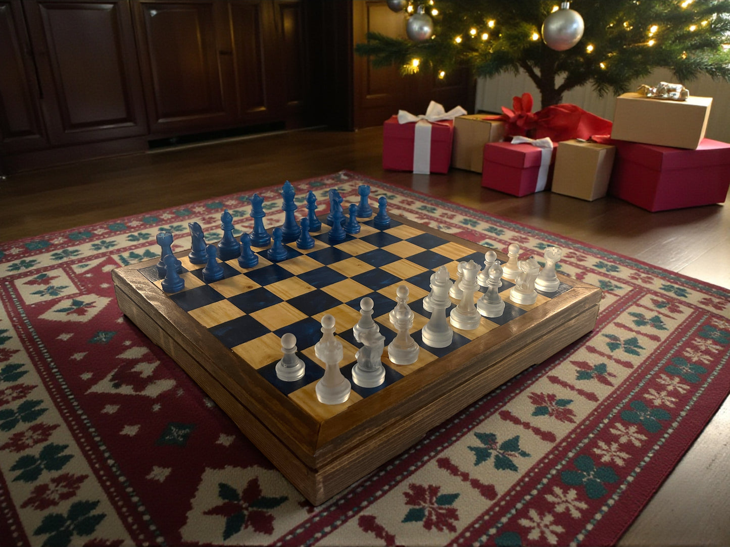 Rustic Wood & Resin Chess Set – Frosted & Navy Pieces on Handcrafted Epoxy Board