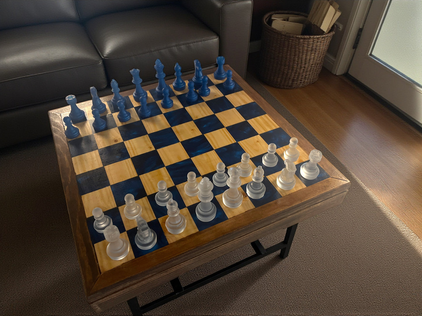 Rustic Wood & Resin Chess Set – Frosted & Navy Pieces on Handcrafted Epoxy Board