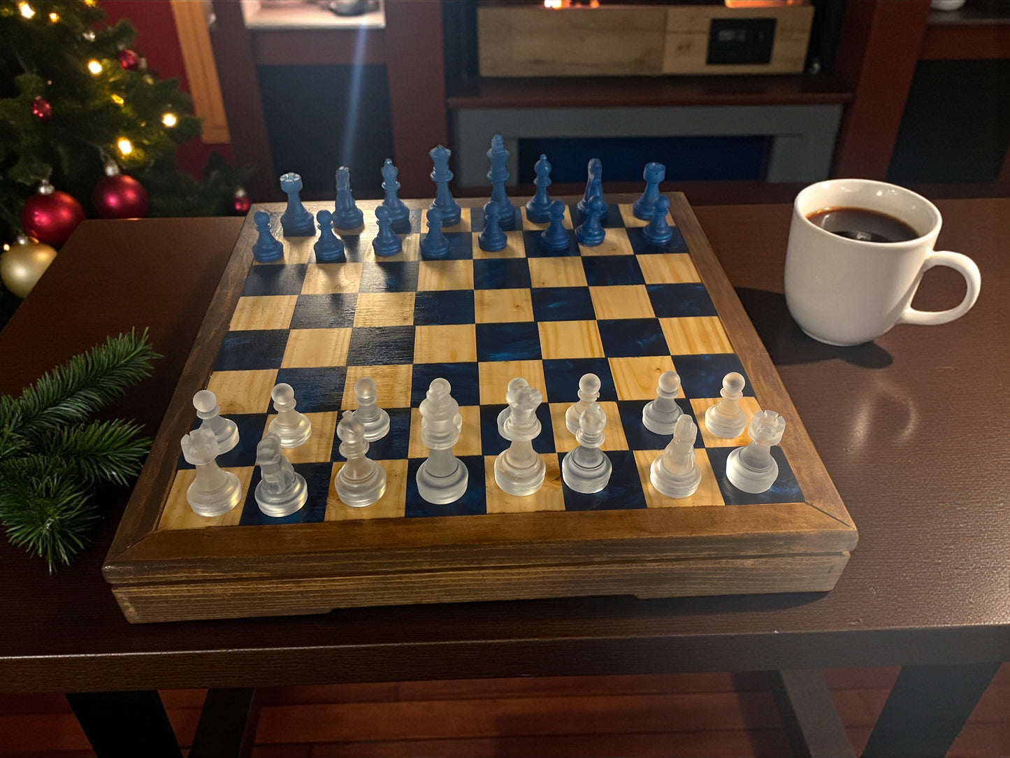 Rustic Wood & Resin Chess Set – Frosted & Navy Pieces on Handcrafted Epoxy Board