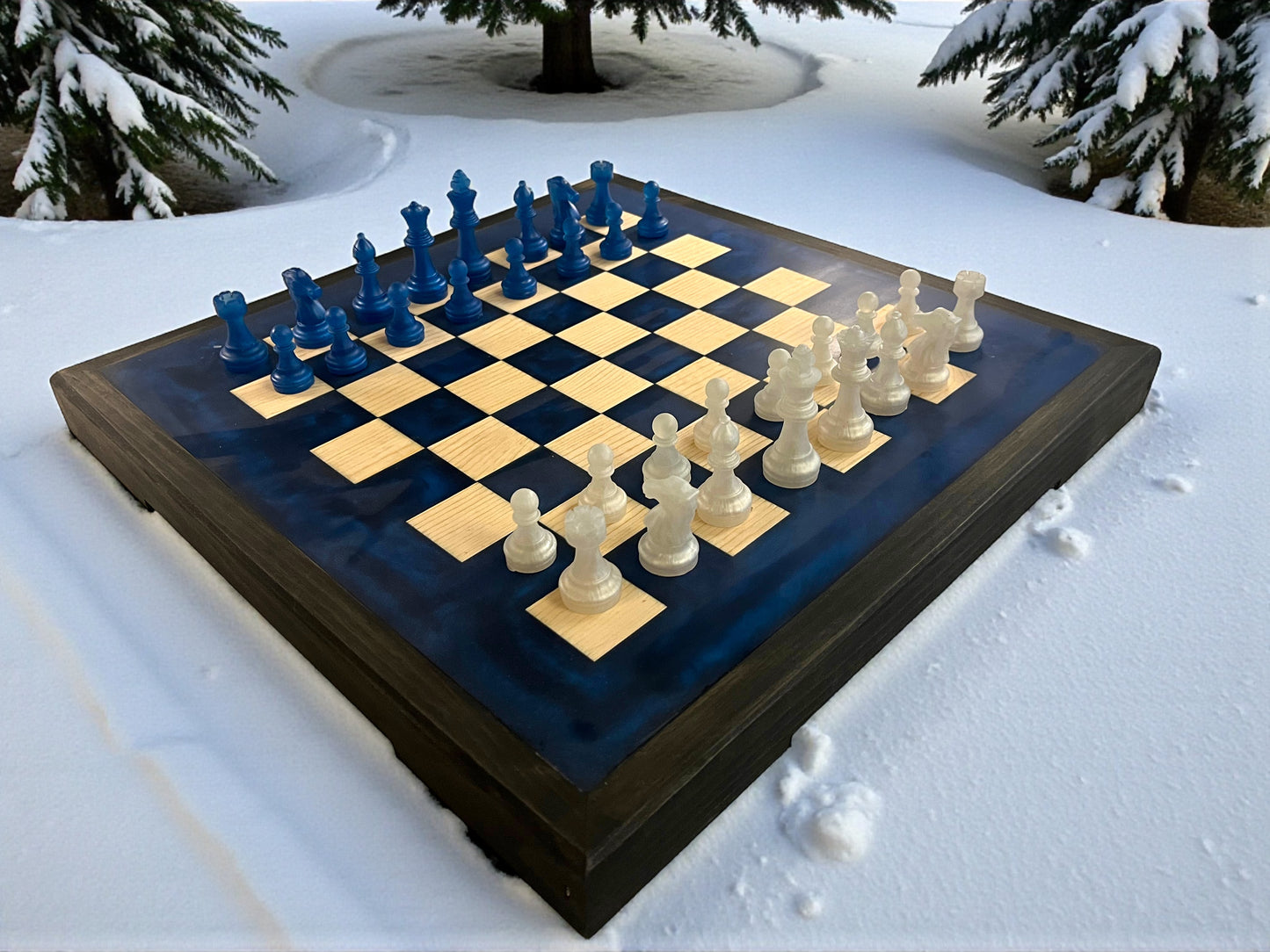Handcrafted Resin & Wood Chess Set – Deep Blue Epoxy Board with Frosted & Navy Chess Pieces