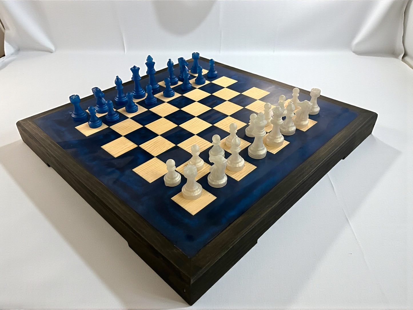 Handcrafted Resin & Wood Chess Set – Deep Blue Epoxy Board with Frosted & Navy Chess Pieces