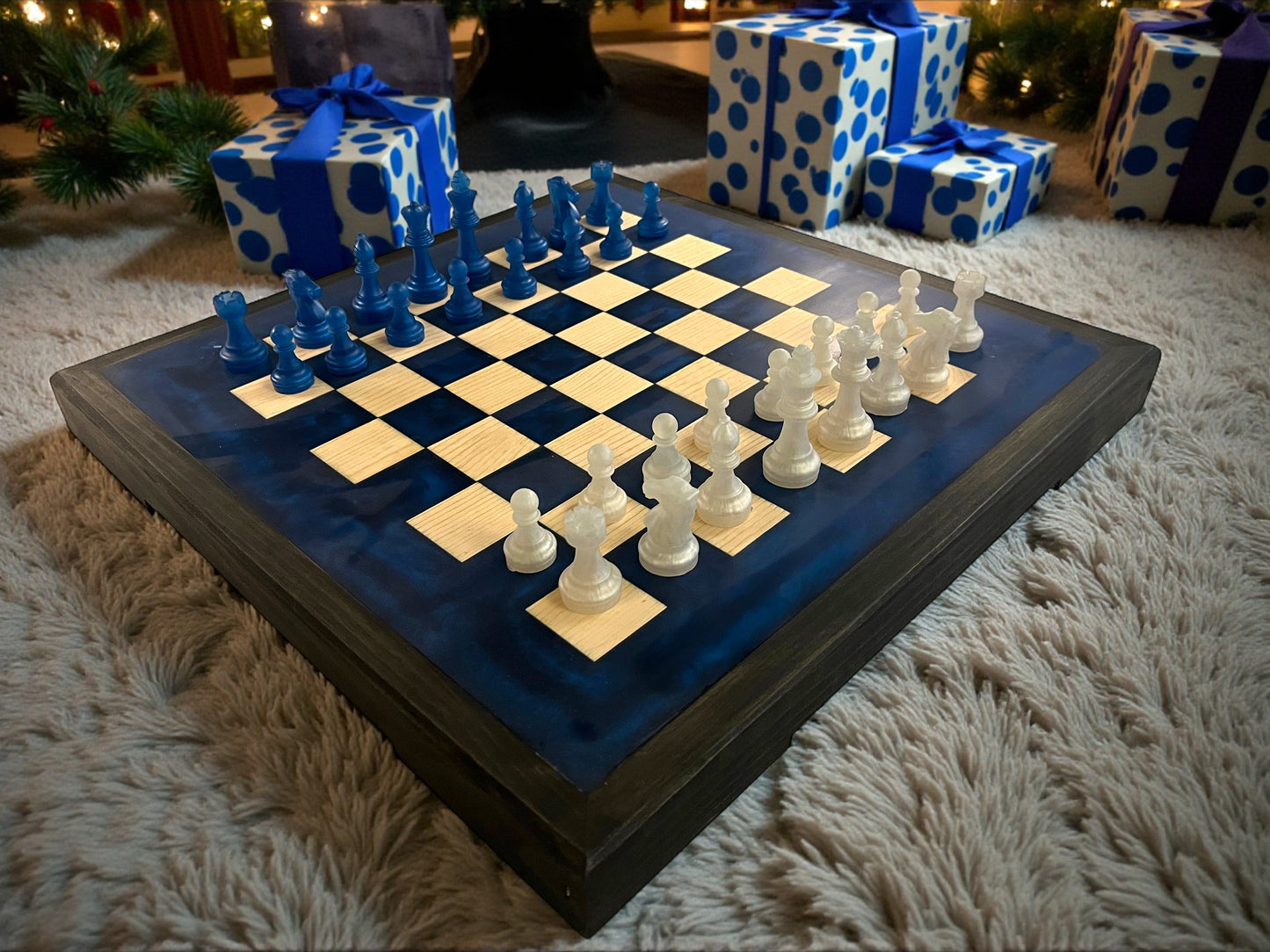 Handcrafted Resin & Wood Chess Set – Deep Blue Epoxy Board with Frosted & Navy Chess Pieces