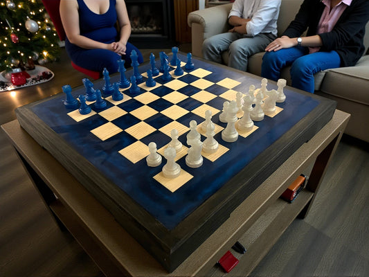 Handcrafted Resin & Wood Chess Set – Deep Blue Epoxy Board with Frosted & Navy Chess Pieces
