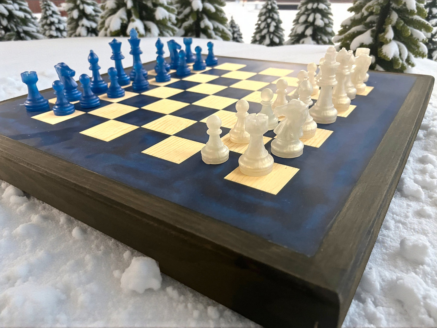 Handcrafted Resin & Wood Chess Set – Deep Blue Epoxy Board with Frosted & Navy Chess Pieces