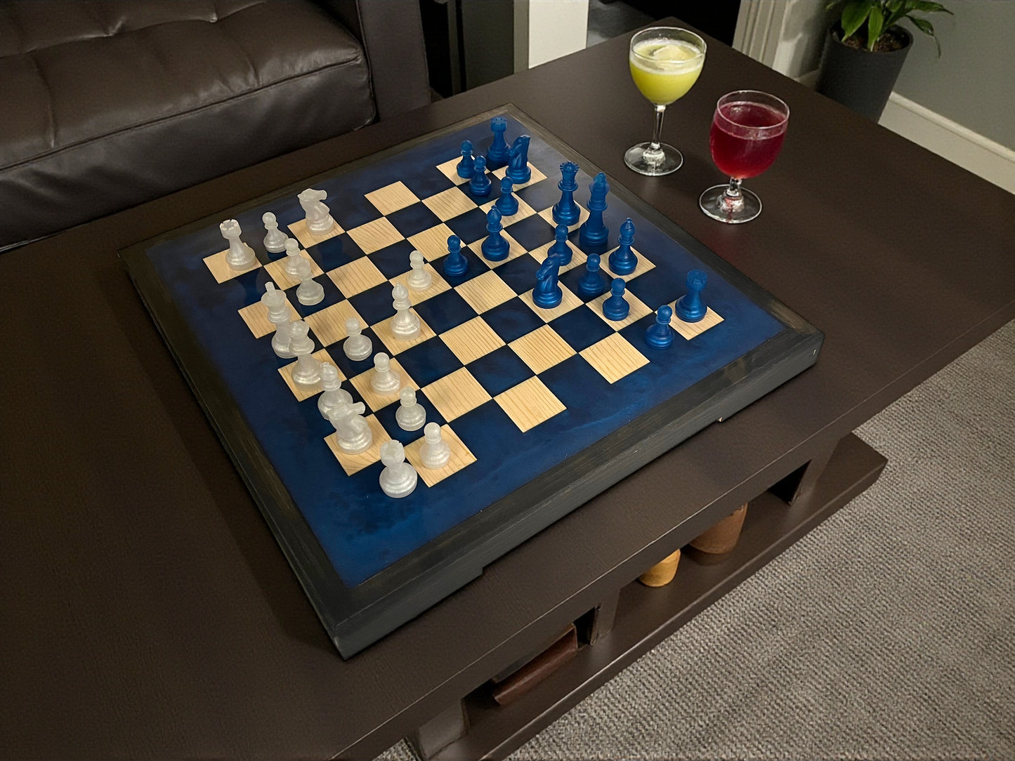 Handcrafted Resin & Wood Chess Set – Deep Blue Epoxy Board with Frosted & Navy Chess Pieces