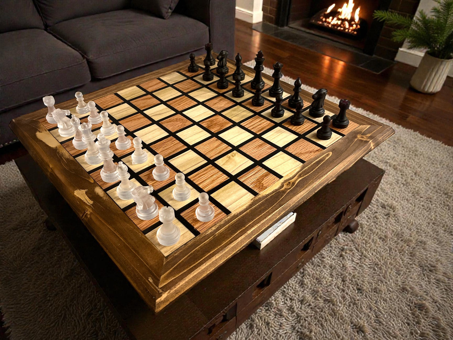 Handcrafted Redwood & Poplar Wood Chess Set with Integrated Storage
