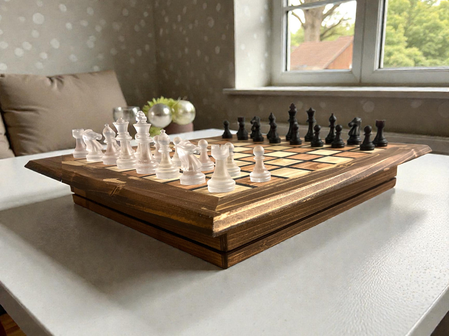 Handcrafted Redwood & Poplar Wood Chess Set with Integrated Storage