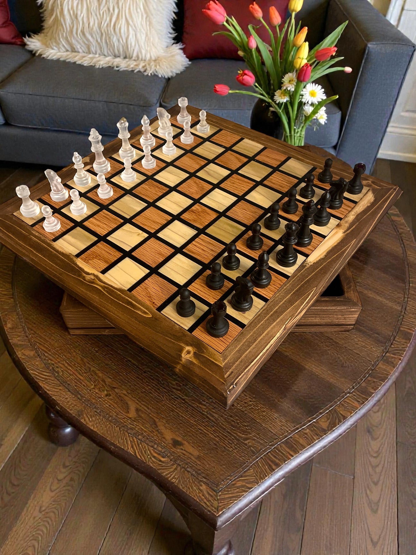Handcrafted Redwood & Poplar Wood Chess Set with Integrated Storage