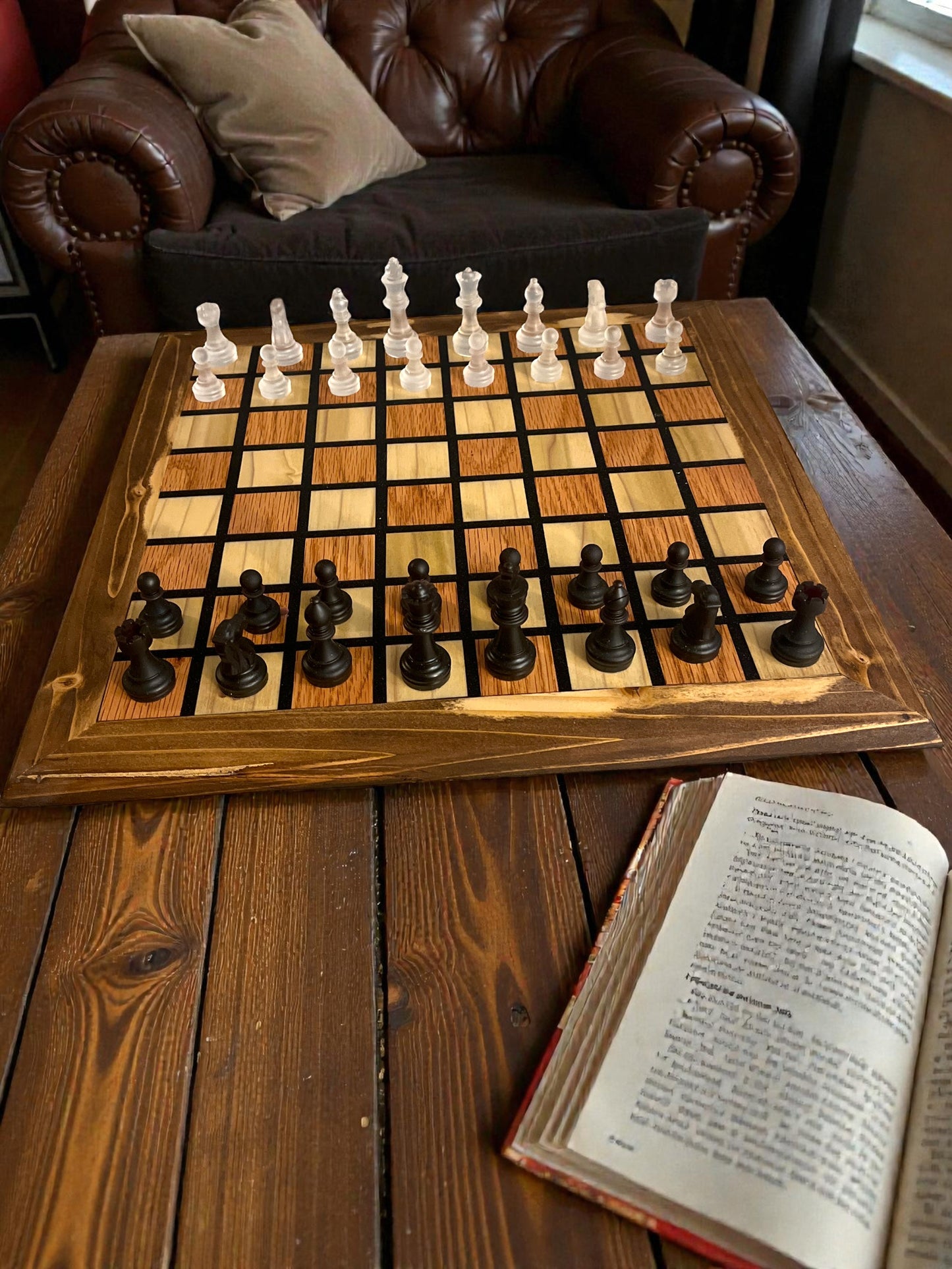 Handcrafted Redwood & Poplar Wood Chess Set with Integrated Storage